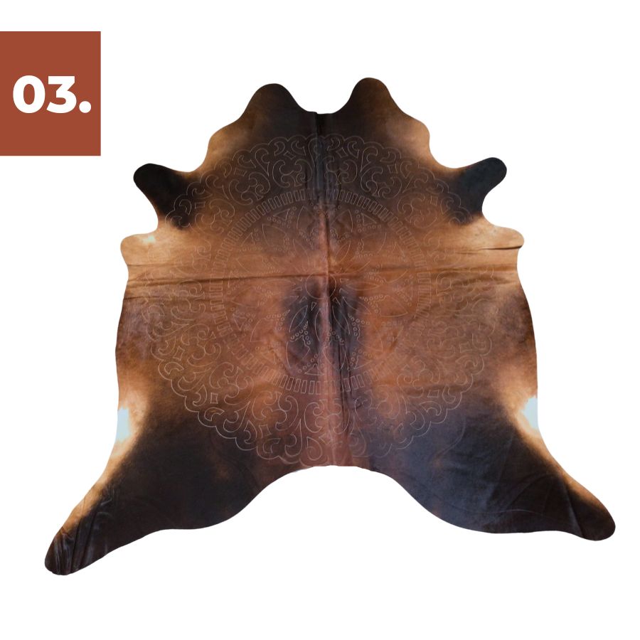 Reddish Brown Cowhide Rug - Damask Laser Etched