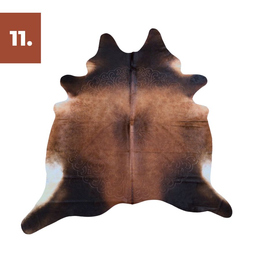 Reddish Brown Cowhide Rug - Damask Laser Etched