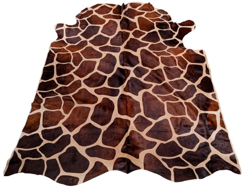 Giraffe print cowhide rug in brown and cream natural hide with dyed finish