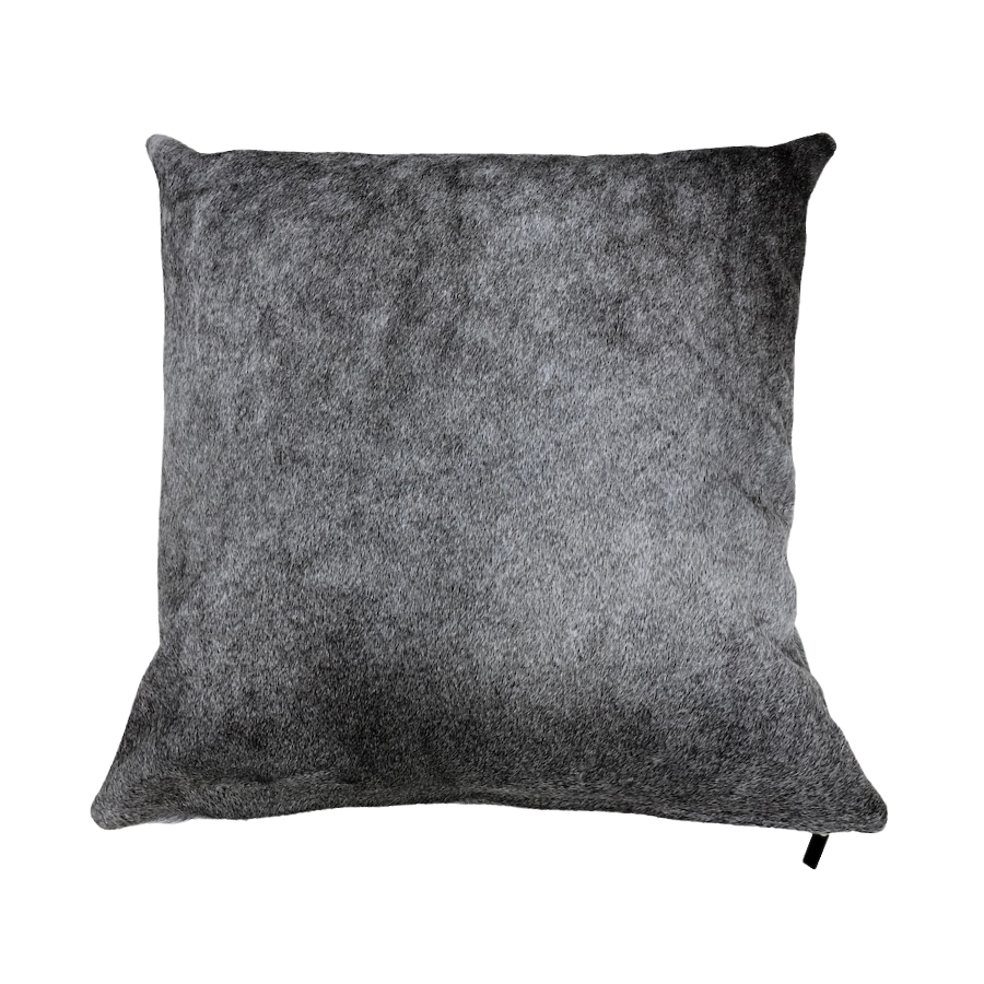 Grey cowhide cushion showing natural hair texture and subtle tonal variation