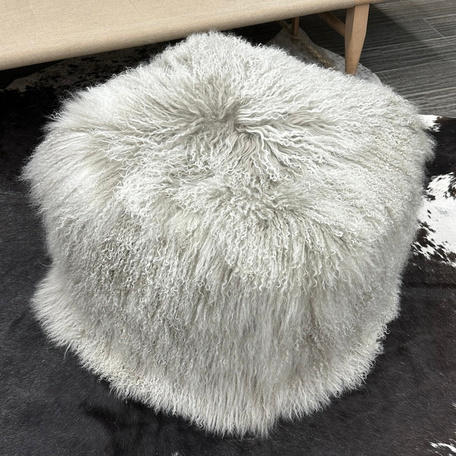 Mongolian Sheepskin Pouffe - Grey White Tips