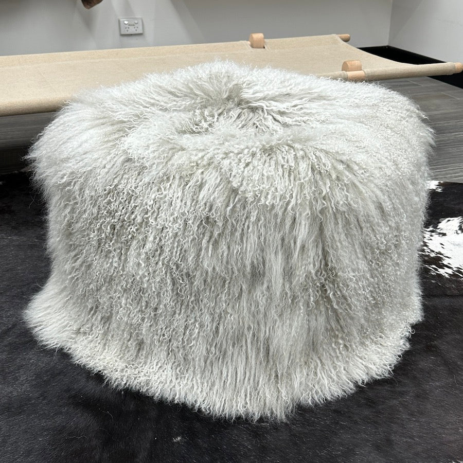 Mongolian Sheepskin Pouffe - Grey White Tips