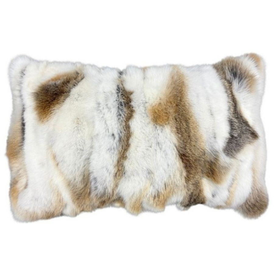 Natural brown and white rabbit fur lumbar cushion on white background