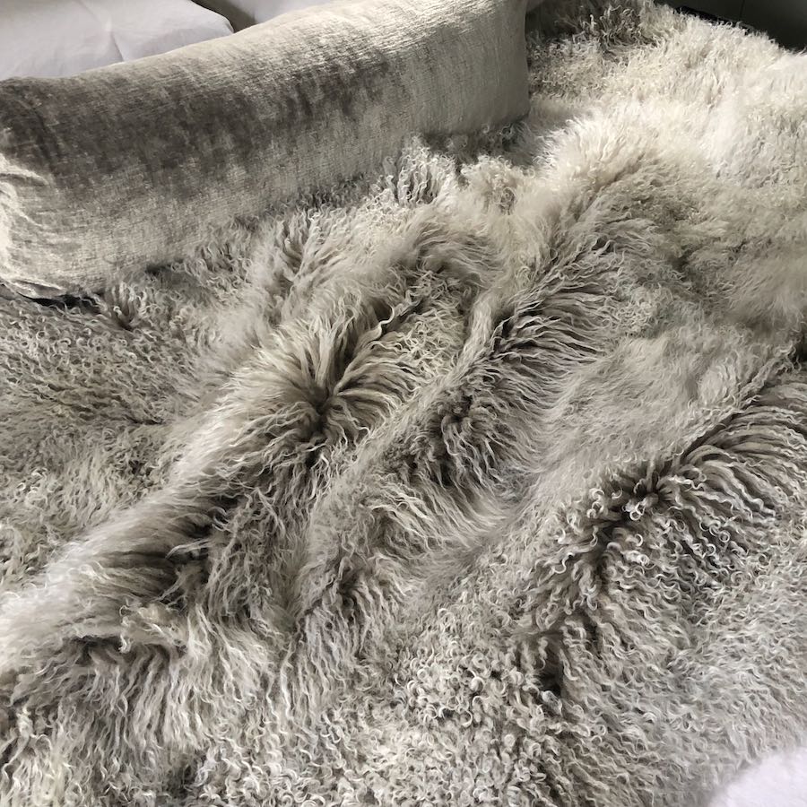 Mongolian Sheepskin Throw Blanket - Grey White Tip