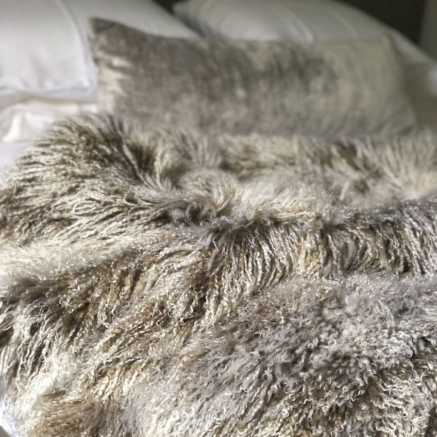 Mongolian Sheepskin Throw Blanket - Khaki White Tip