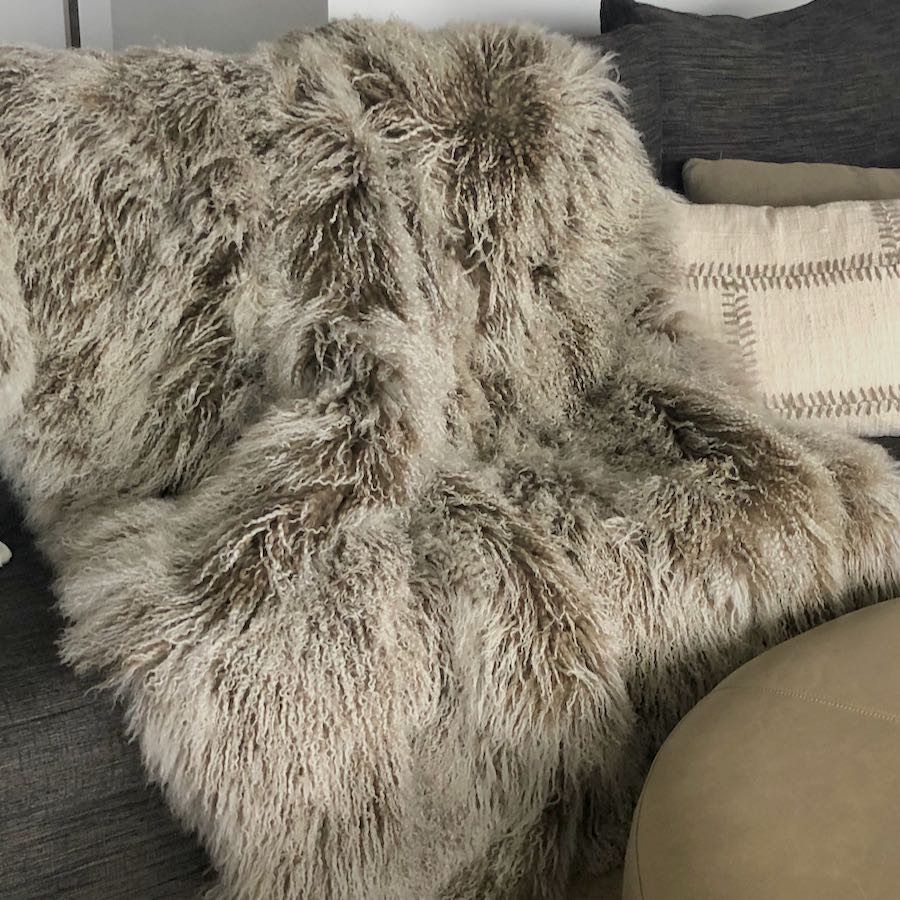 Mongolian Sheepskin Throw Blanket - Khaki White Tip