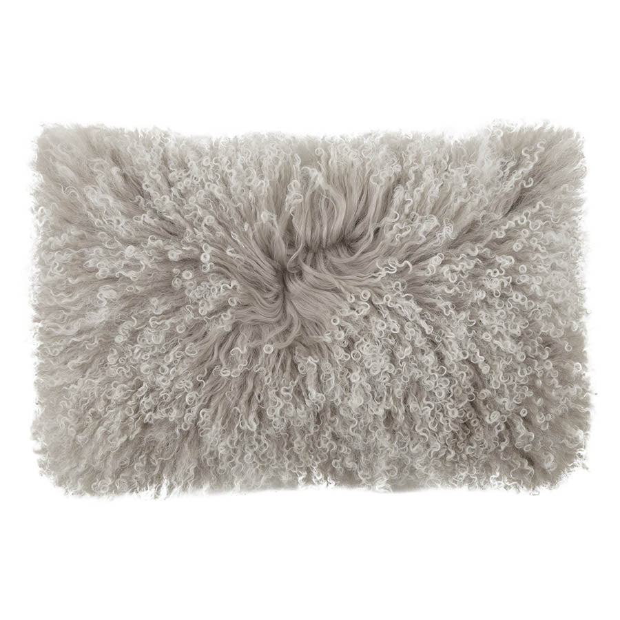 Example of a grey Mongolian sheepskin lumbar cushion with white tips shown on a white background
