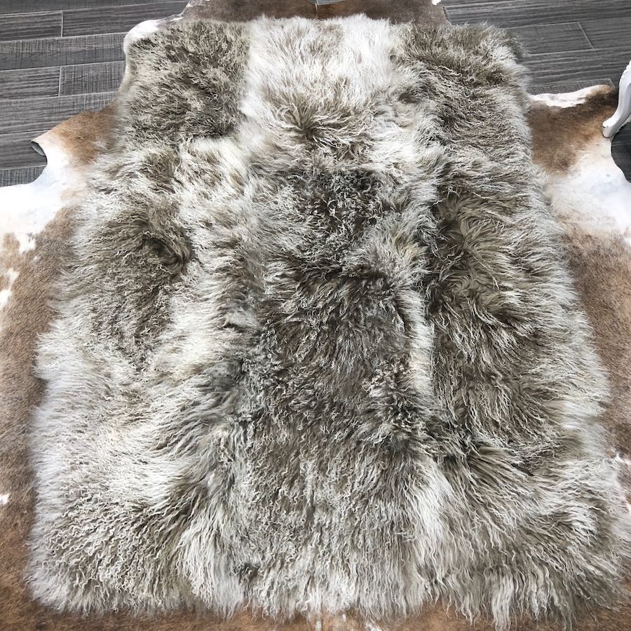 Mongolian Sheepskin Throw Blanket - Khaki White Tip