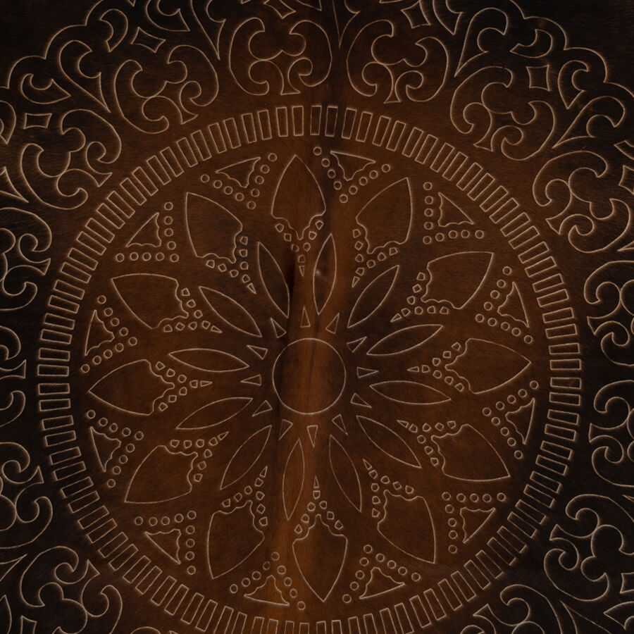 Reddish Brown Cowhide Rug - Damask Laser Etched