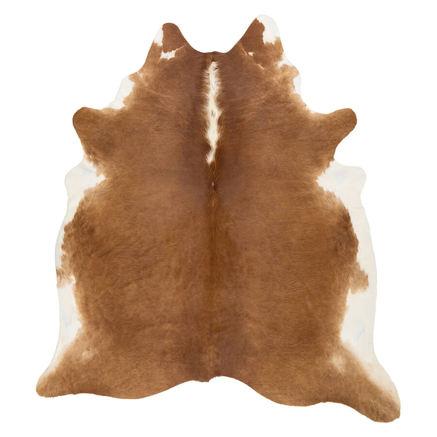 Small brown and white Hereford cowhide rug with natural markings and soft finish on a white background