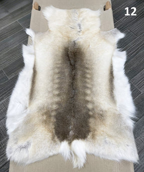 Beige reindeer hide throw numbered 12 showing natural markings and shape