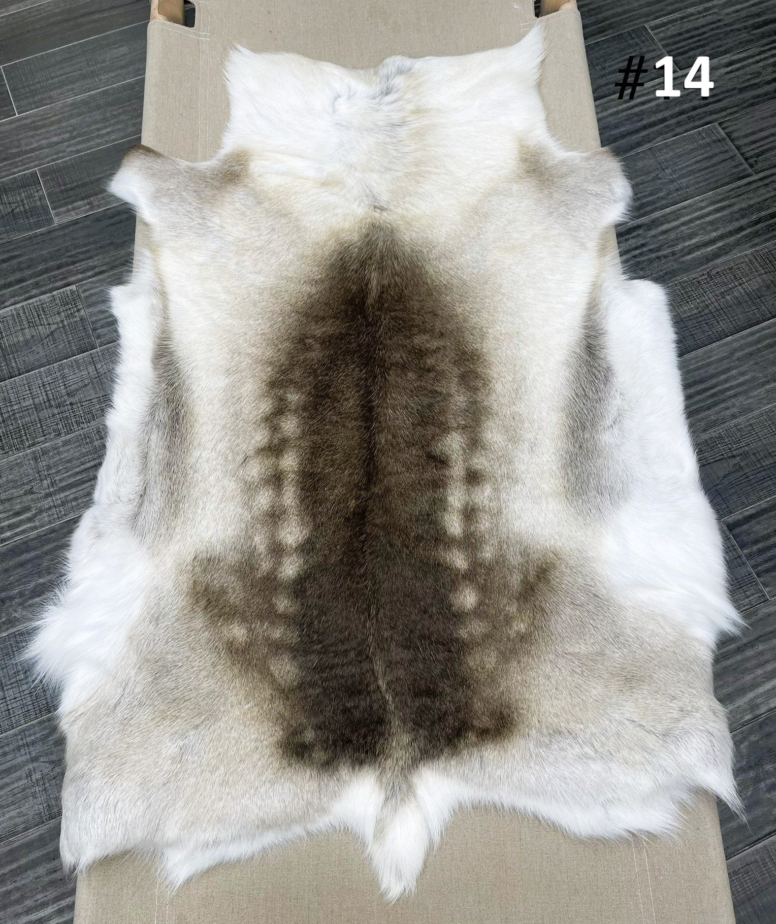 Beige reindeer hide throw numbered 14 showing natural markings and shape