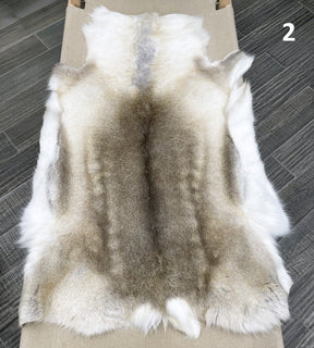 Beige reindeer hide throw numbered 2 showing natural markings and shape