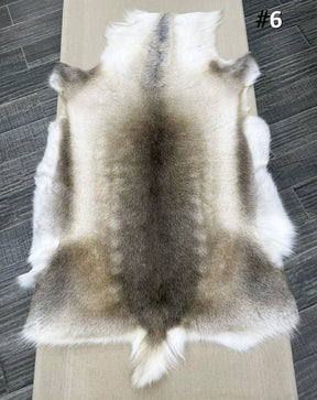 Beige reindeer hide throw numbered 6 showing natural markings and shape