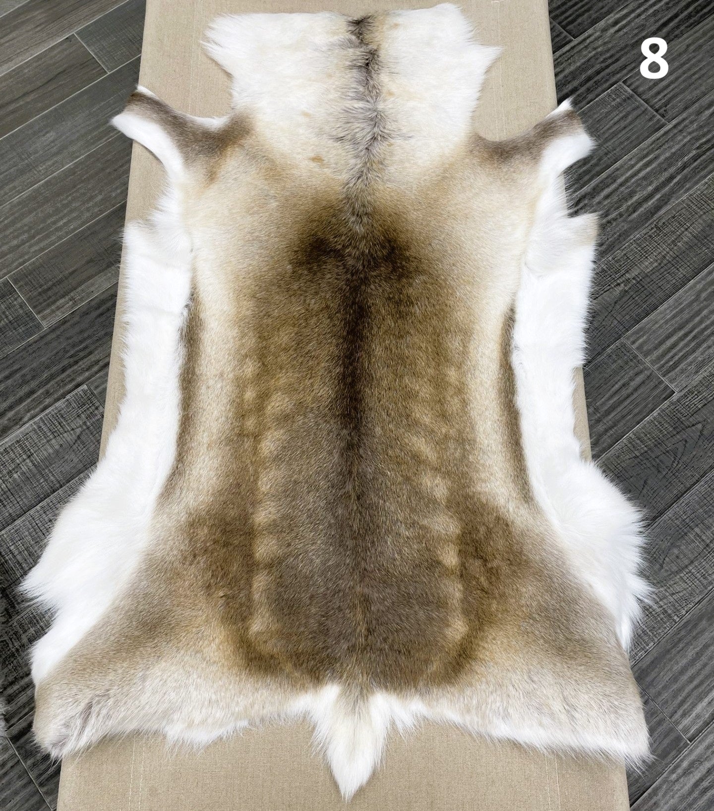 Beige reindeer hide throw numbered 8 showing natural markings and shape