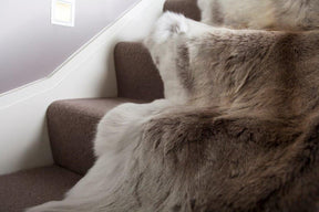Beige reindeer hide throw laid over a carpeted staircase to show natural hair texture and tonal variation
