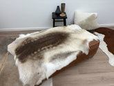 Beige reindeer hide throw draped over a bench showing natural markings and hair variation