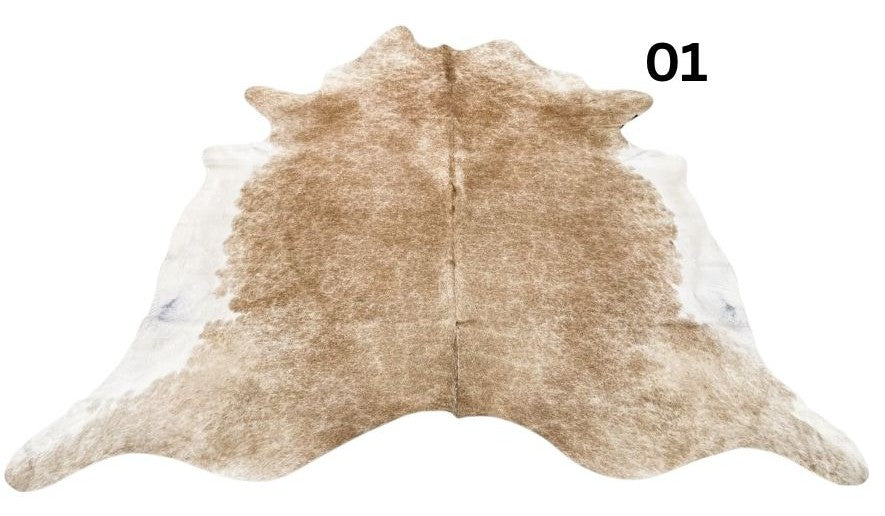 Beige and white cowhide rug number 01 with soft neutral tones and natural markings on a white background