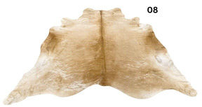 Beige and white cowhide rug number 08 with soft neutral tones and natural markings on a white background