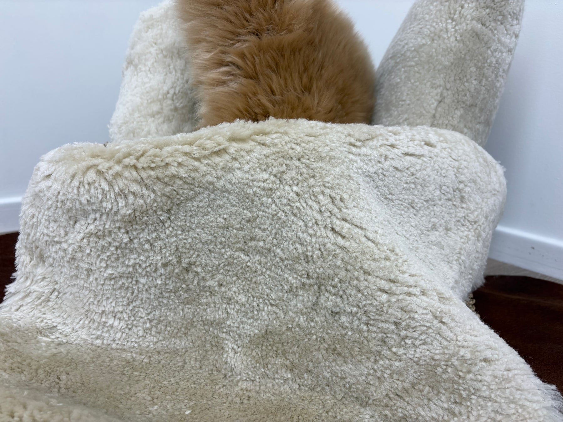 Detail view of bone shearling rug showing short, tightly curled wool texture across the surface