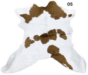 Brown and white calf hide rug number 05 with rich brown tones and white edges on a white background