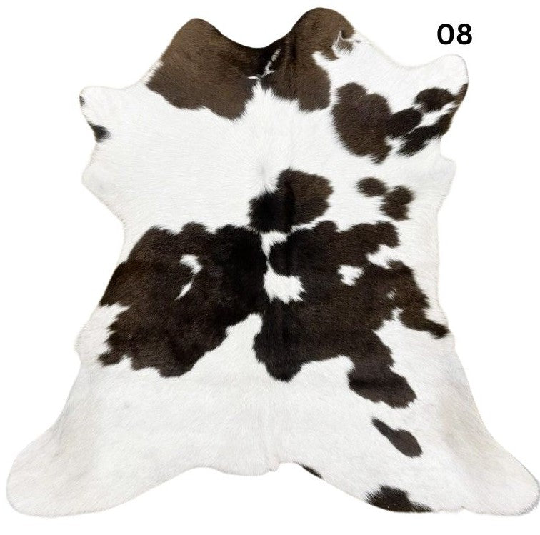 Brown and white calf hide rug number 08 with rich brown tones and white edges on a white background