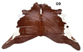 Brown and white Hereford cowhide rug 09 with a symmetrical pattern on a white background