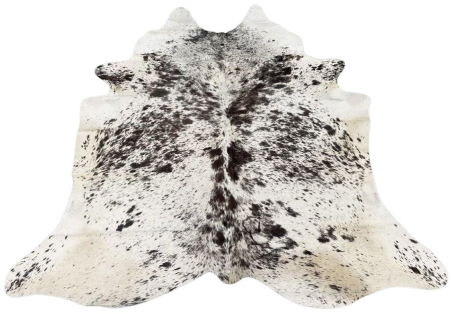 Brown and white speckled longhorn cowhide rug with natural variation in pattern and shape