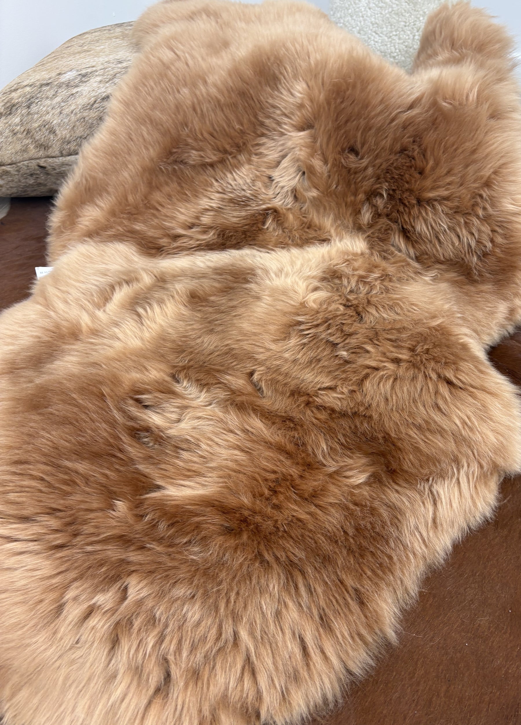 Close-up of butterscotch Merino sheepskin rug showing soft dense wool