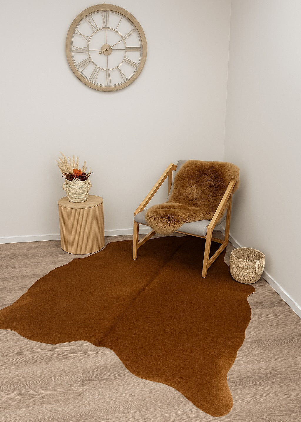 Small beige cowhide rug in warm honey tones styled beside a lounge chair