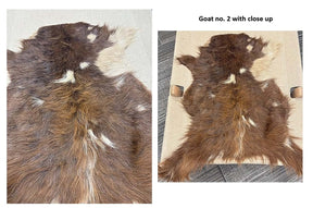 European Longhair Goat Hide Rug No. 2 featuring rich brown and white markings with full hide view and close-up of the natural long-hair texture.