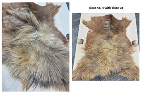 European Longhair Goat Hide Rug No. 4 in soft fawn and natural tones with full hide view and close-up of the luxurious long-hair texture.