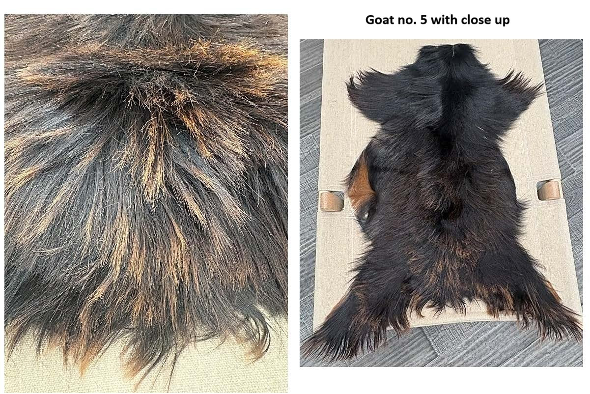 European Longhair Goat Hide Rug No. 5 featuring rich dark brown and black tones with full hide view and close-up of the luxurious long-hair texture.