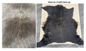 European Longhair Goat Hide Rug No. 6 in charcoal and natural tones with full hide view and close-up of the silky long-hair texture.