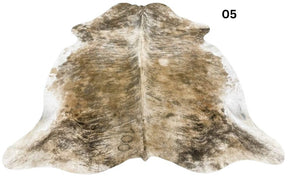 Exotic brindle cowhide rug number 05 featuring light and dark natural variation with speckled markings on a white background