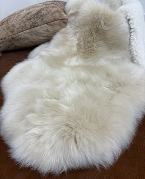 Close-up of fawn Merino sheepskin rug showing soft dense wool