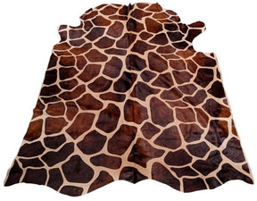 Giraffe print cowhide rug in brown and cream natural hide with dyed finish
