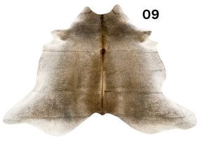 Grey cowhide rug number 09 with soft tonal variation and natural markings on a white background