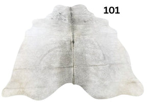 Grey cowhide rug number 101 with soft tonal variation and natural markings on a white background