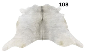Grey cowhide rug number 108 with soft tonal variation and natural markings on a white background