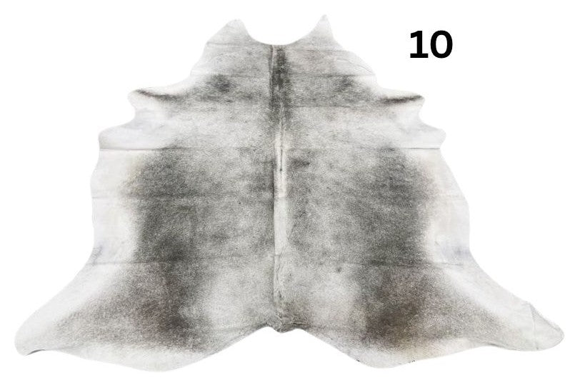 Grey cowhide rug number 10 with soft tonal variation and natural markings on a white background