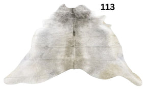 Grey cowhide rug number 113 with soft tonal variation and natural markings on a white background