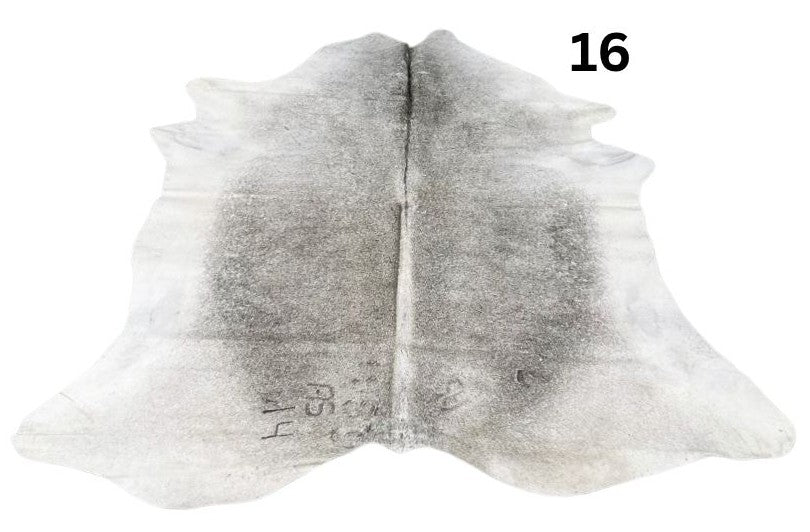Grey cowhide rug number 16 with soft tonal variation and natural markings on a white background