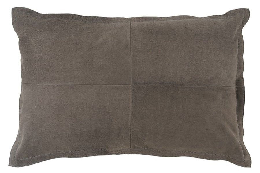 Grey nubuck leather cushion with soft matte finish and velvety texture