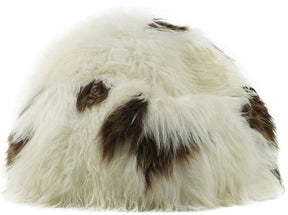 Icelandic sheepskin bean bag in natural brown and white spot shown from a side angle on a white background