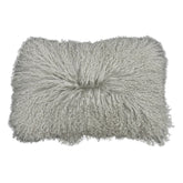 Light grey Mongolian sheepskin lumbar cushion with long, flowing natural hair