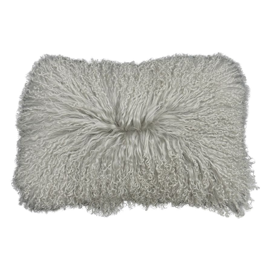 Light grey Mongolian sheepskin lumbar cushion with long, flowing natural hair