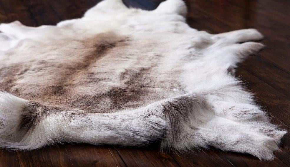 Full light reindeer hide throw laid flat showing natural markings, hair texture, and tonal variation