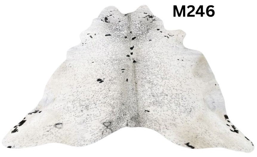 Light speckled longhorn cowhide rug number 246 with soft tonal variation and natural markings on a white background