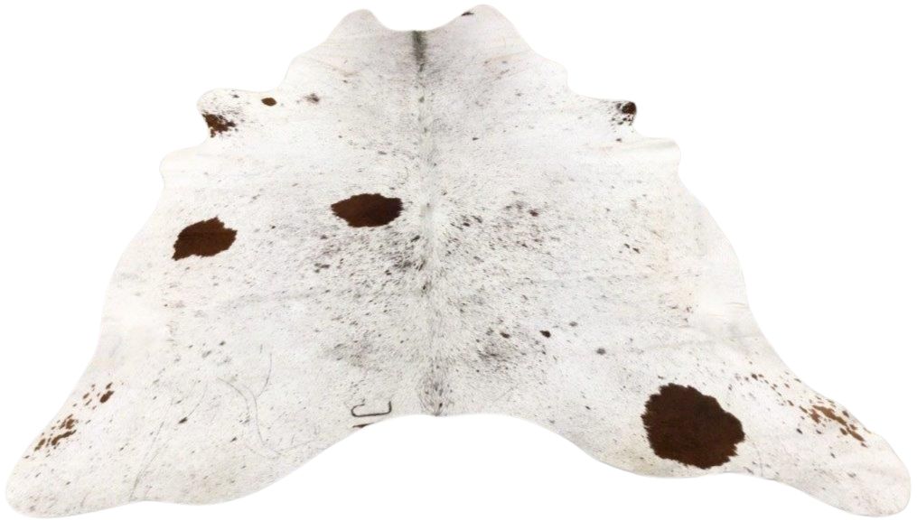 Light speckled longhorn cowhide rug example showing soft tonal variation and natural markings on a white background